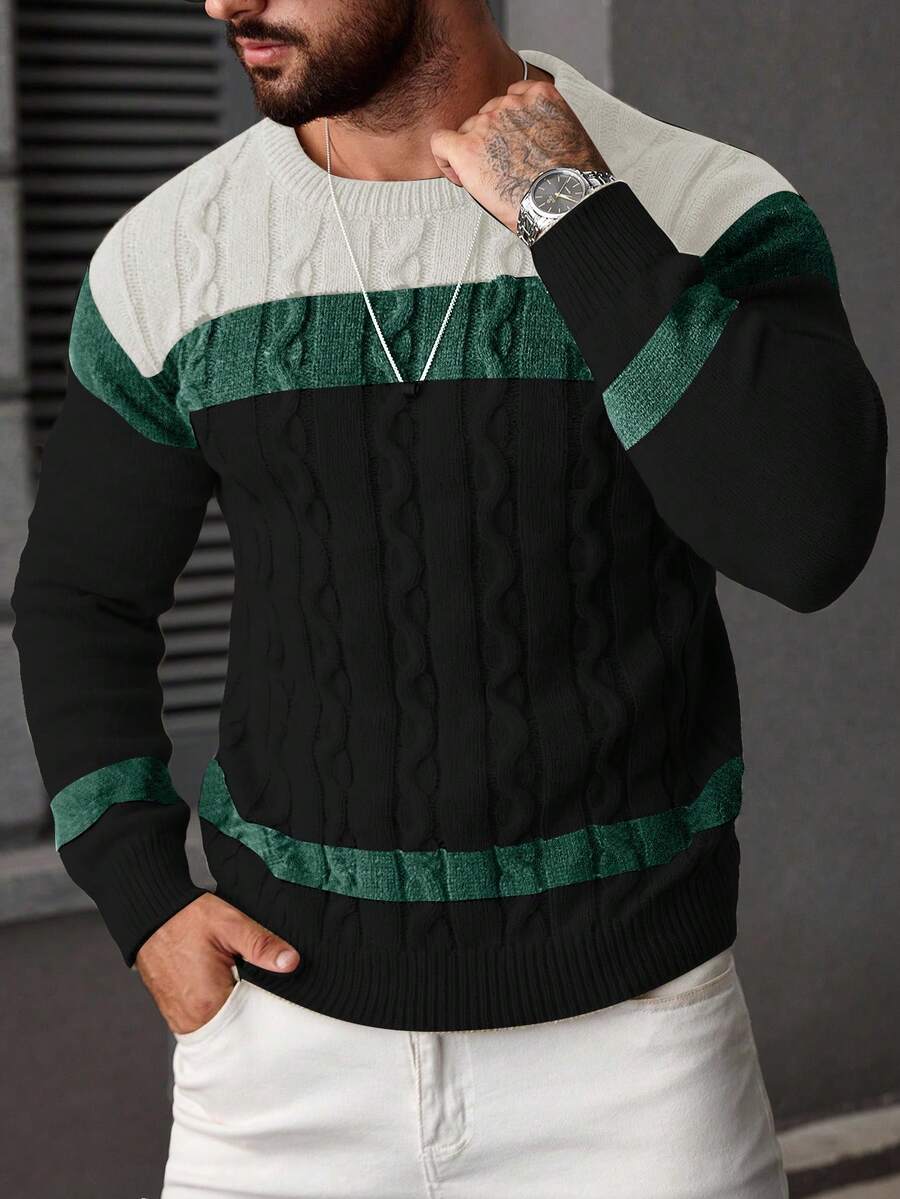 Manfinity Homme Men's Casual Colorblock Braided Knit Crew Neck Sweater, Autumn/Winter