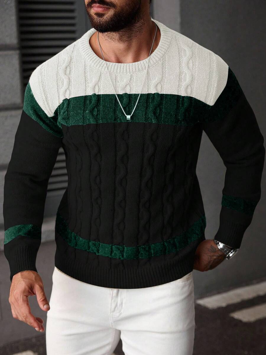Manfinity Homme Men's Casual Colorblock Braided Knit Crew Neck Sweater, Autumn/Winter 