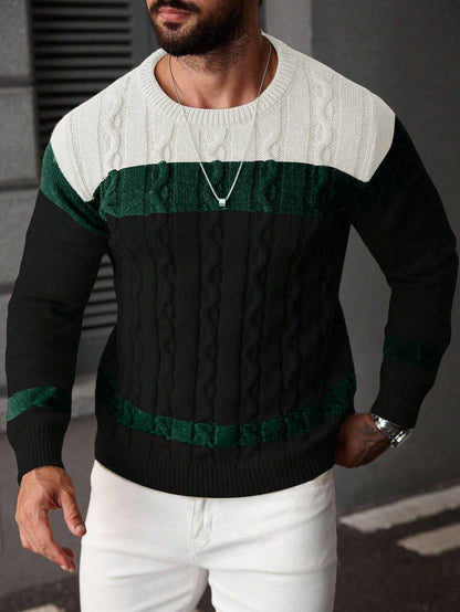 Manfinity Homme Men's Casual Colorblock Braided Knit Crew Neck Sweater, Autumn/Winter 