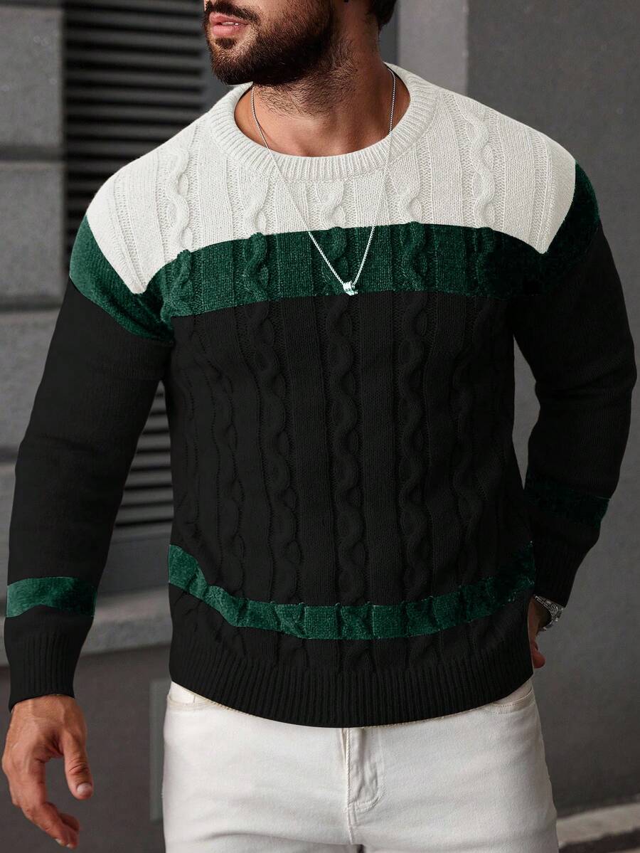 Manfinity Homme Men's Casual Colorblock Braided Knit Crew Neck Sweater, Autumn/Winter 