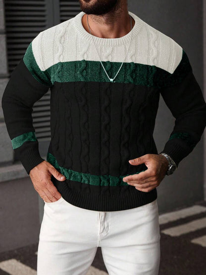 Manfinity Homme Men's Casual Colorblock Braided Knit Crew Neck Sweater, Autumn/Winter 